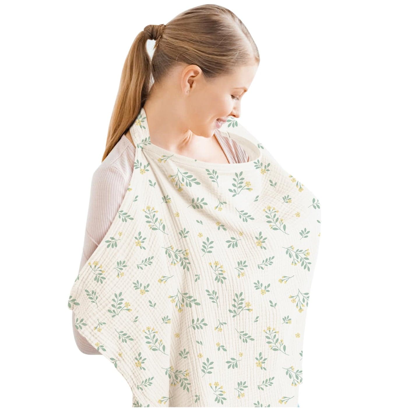 Konssy Muslin Nursing Cover for Baby Breastfeeding Breathable 100 Cotton Breastfeeding Cover with Rigid Hoop for Mother Nursing Apron Multiuse Carseat Canopy Leafy