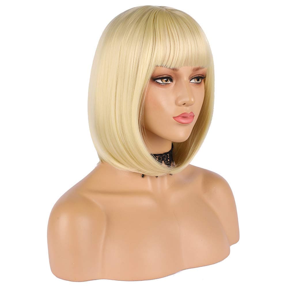 eNilecor Short Light Blonde Bob Wigs 12 Straight with Bangs Synthetic Colorful Cosplay Daily Party Wig for Women Natural As Real Hair Free Wig Cap Light Blonde