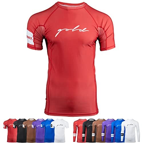 Gold BJJ Foundation Rash Guard - Ranked No-Gi and Gi Jiu Jitsu Rashguard (Short Sleeve, Red, XL)