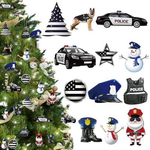 Woanger 60 Pieces Police Christmas Ornaments Police Shield Car Wooden Ornaments Decorative Hanging Officer Gifts Policeman Boots American Flag Waistcoat Christmas Tree Ornament