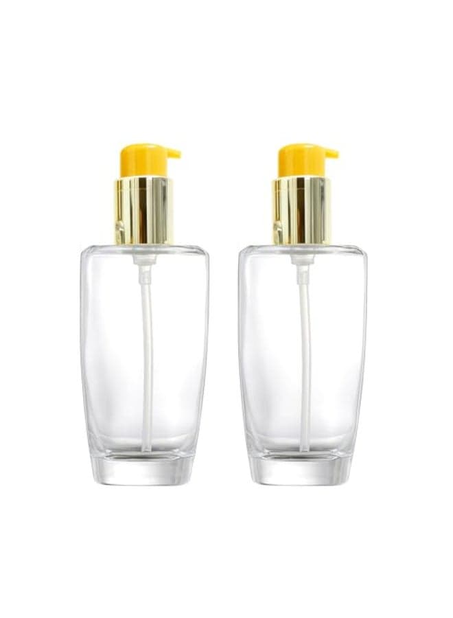 2Pcs 100ml33oz Empty Clear Glass Lotion Pump Bottle with Gold Lockable Press Pump Refillable Portable Essential Oil Pump Dispensers Jars Sample Vials Cosmetic Containers for Toner Makeup