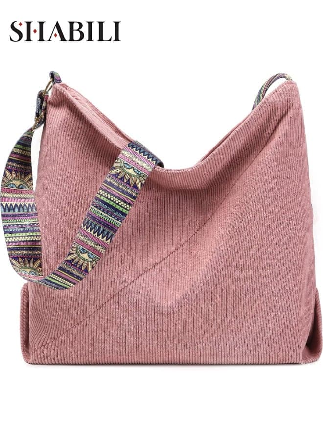 Women Large-Capacity Corduroy Tote Cross Bags Hobo Shoulder Bag, Ladies Rose-Pink Sling Crossbody Satchel with Boho Adjustable Strap, Fashion Handbag for Daily Shopping Travel (Corduroy) (Rose Pink)