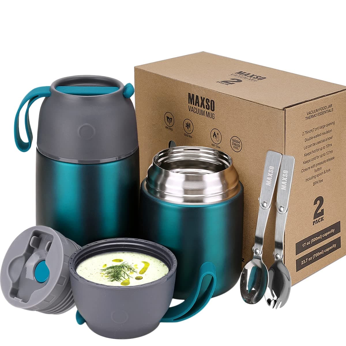 MAXSO 2 Pack Soup Thermo for Hot Cold Food for Kids Adults Vacuum Insulated Food Jar Thermal Lunch Containers Travel Food Flask with Spoon 24 oz17 oz Matte Green