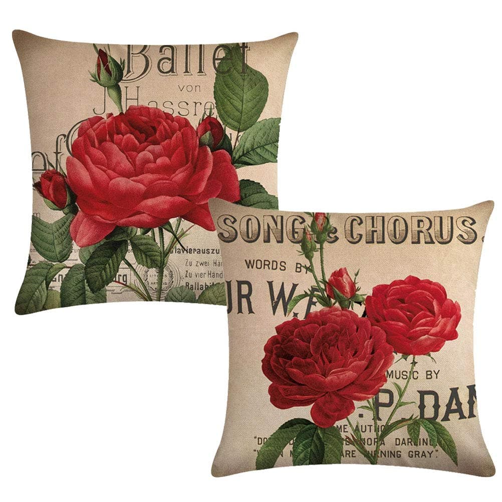 7ColorRoomRose Throw Pillow Cover Blooming Red Rose with Flowers Green Leaves Pattern Decorative Square Pillowcases18 X 18 Inches 2 Pack for SofaCouchBed Red Rose