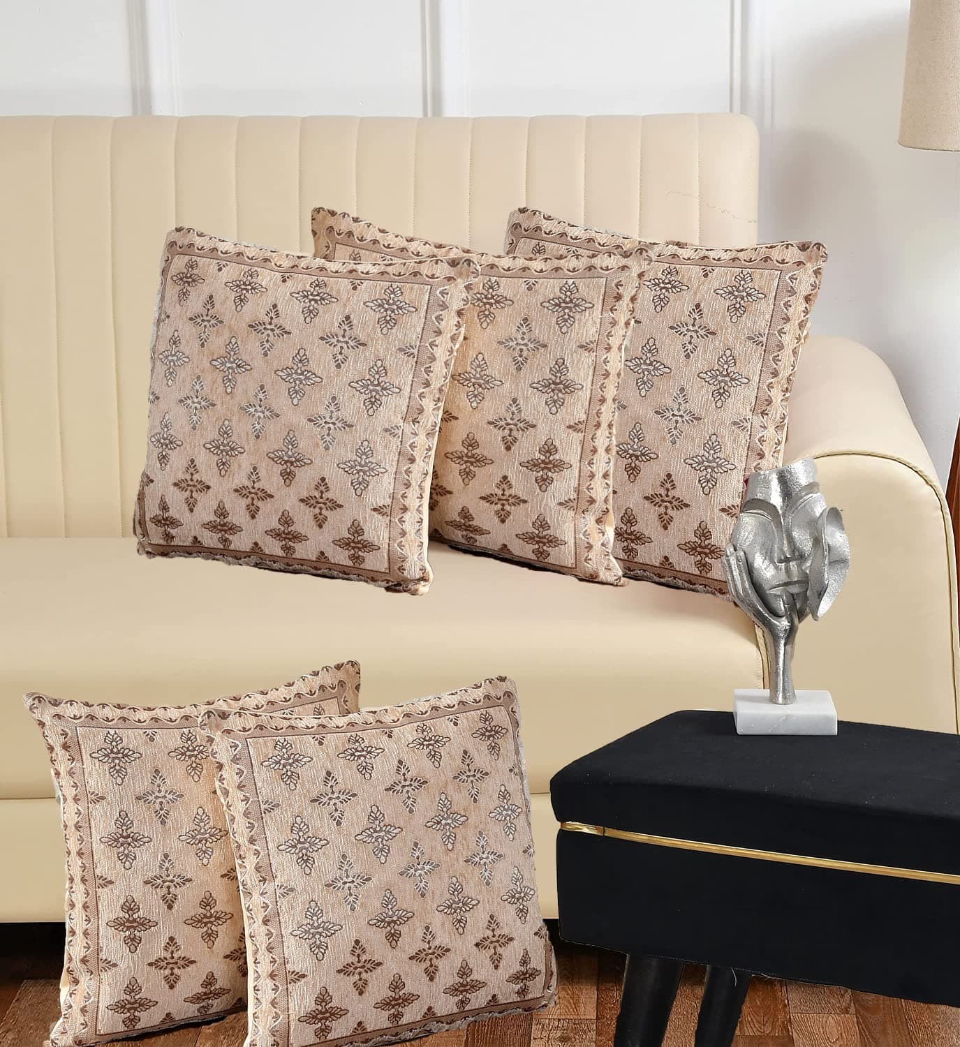 DECOMIZER Jacquard Geomteric Cushion Covers 16 Inch X 16 Inch Set Of 5 Ethnic Motifs 240 TC Cushion Covers,Design- Plus,Color- Beige