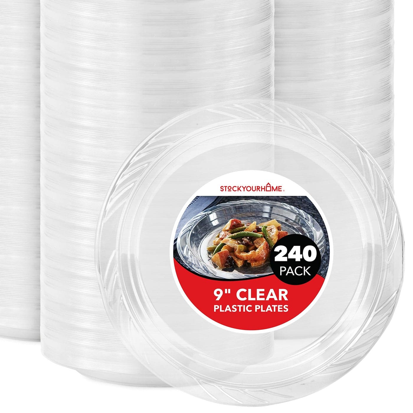 Stock Your Home 240Count 9 Inch Clear Plastic Plates Flexible Disposable Heavy Duty Party Dinner Plate for Wedding Reception Holiday Parties Mains Sides Salad and Dessert Large Size