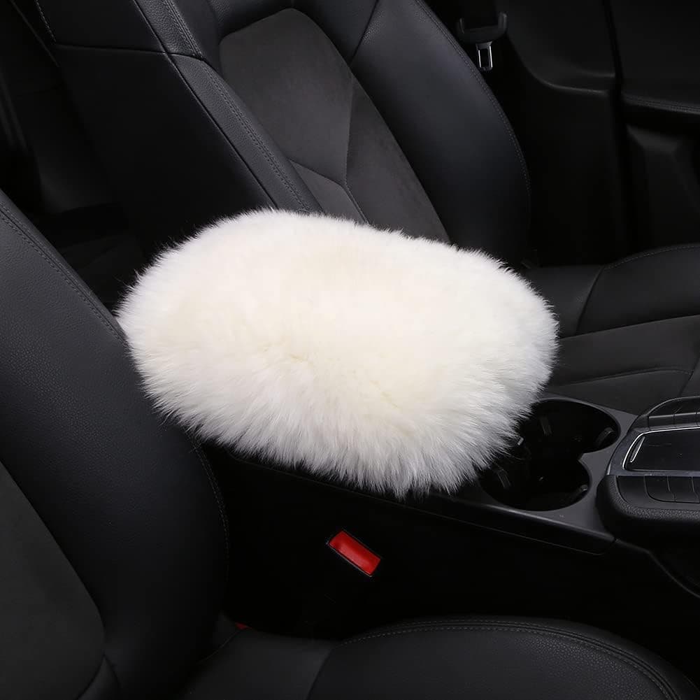 LLB Auto Center Console Pad Furry Genuine Sheepskin Wool Car Console Cover Armrest Pads - White