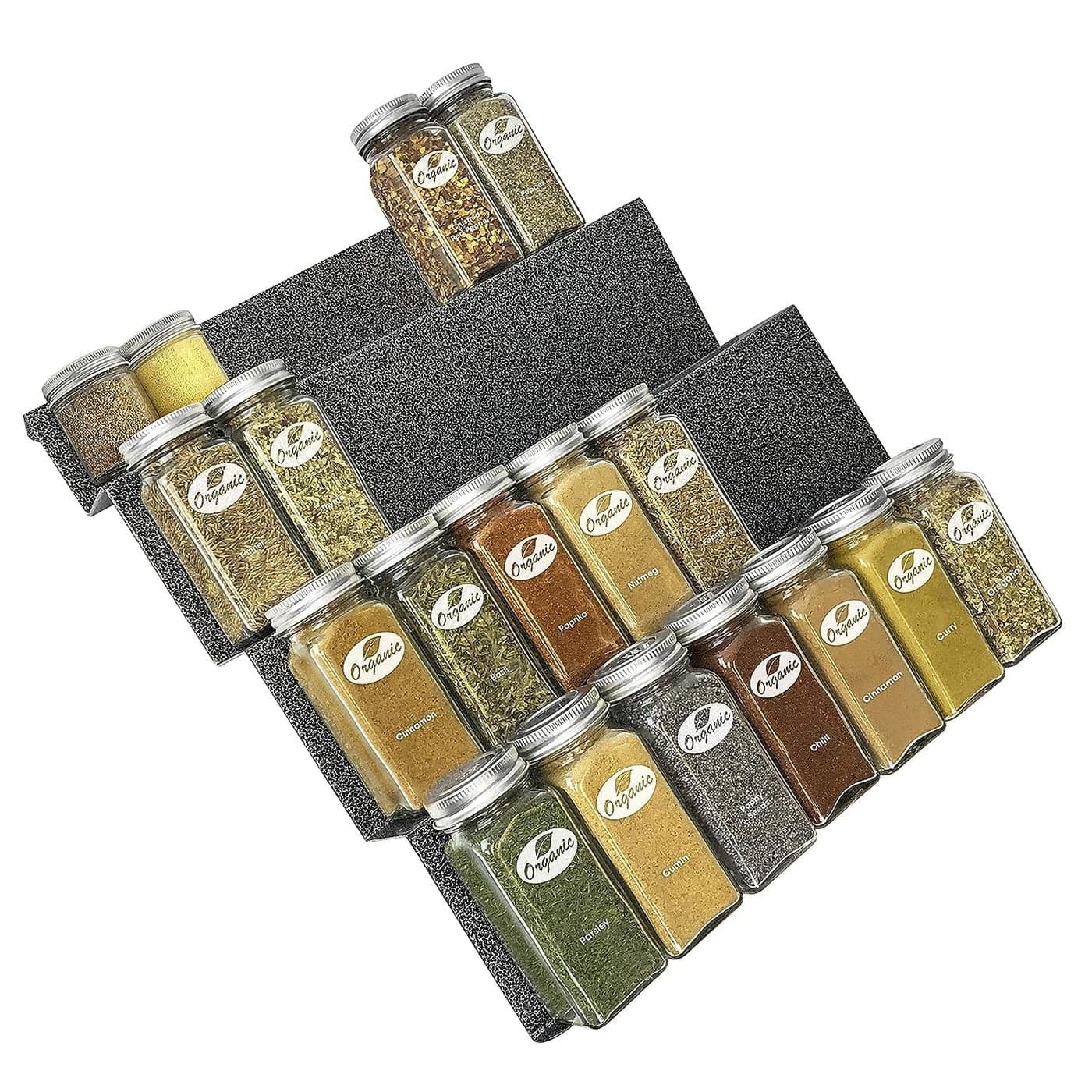 LYNK PROFESSIONAL® Spice Drawer Organizer - Heavy Gauge Steel 4 Tier Rack - Drawer Insert Tray for Jars, Herbs and Seasoning - Kitchen Cabinet Storage - Silver Metallic, Large