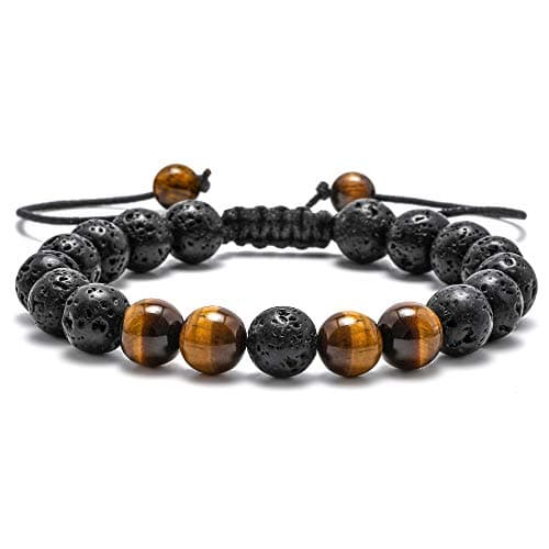 M MOOHAM Beaded Bracelets for Men - Gem Semi Precious Gemstone Round Bead Black Lava Rock Tiger Eye Adjustable Bracelet Men Gifts