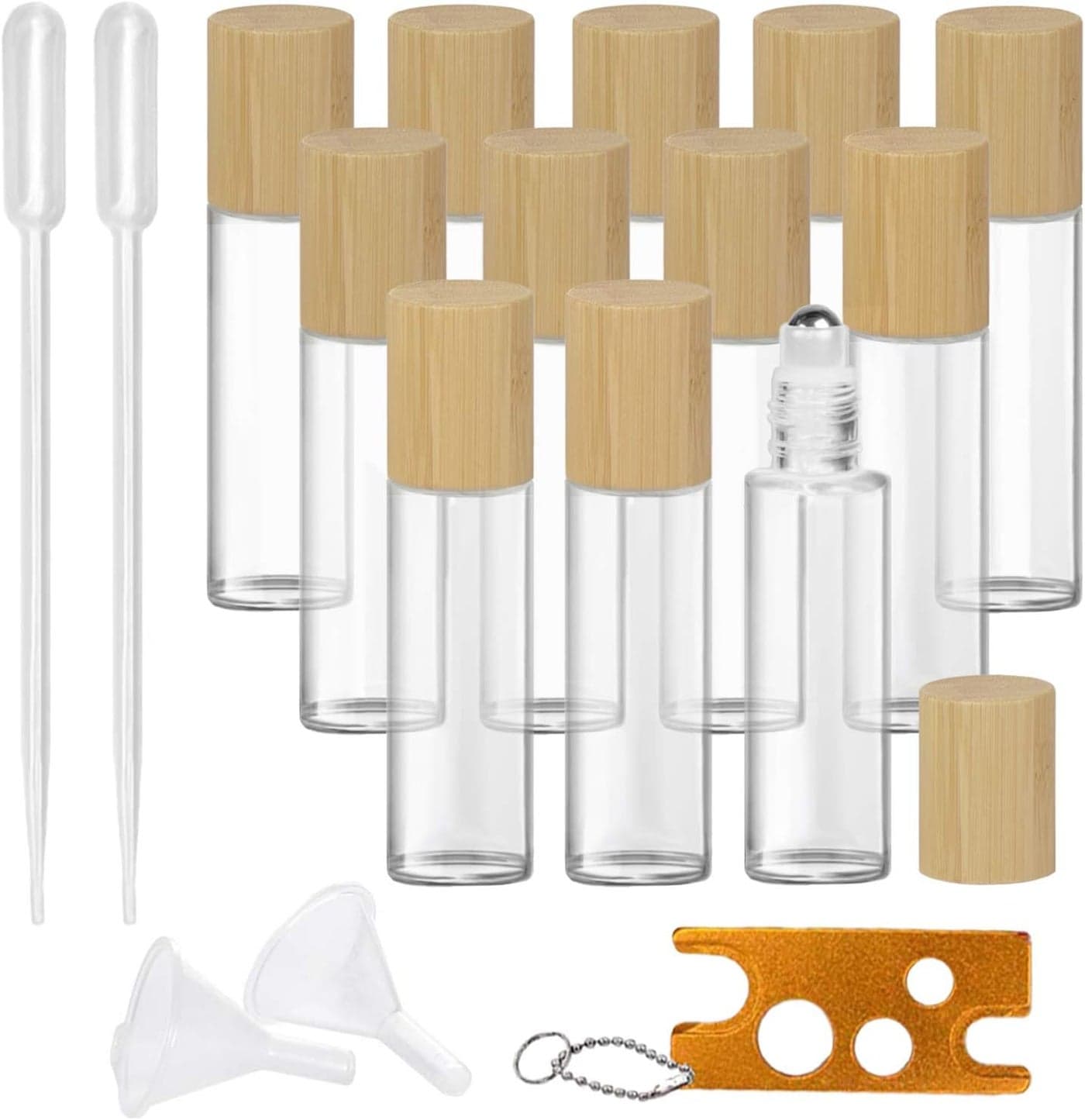Glass Roll On Bottle with Bamboo Lid for Essential Oils, Creatiee Eco-friendly Refillable Clear Perfume Sample Bottles with Stainless Steel Roller Ball - Portable & Practical (12Pcs 15ml Clear)