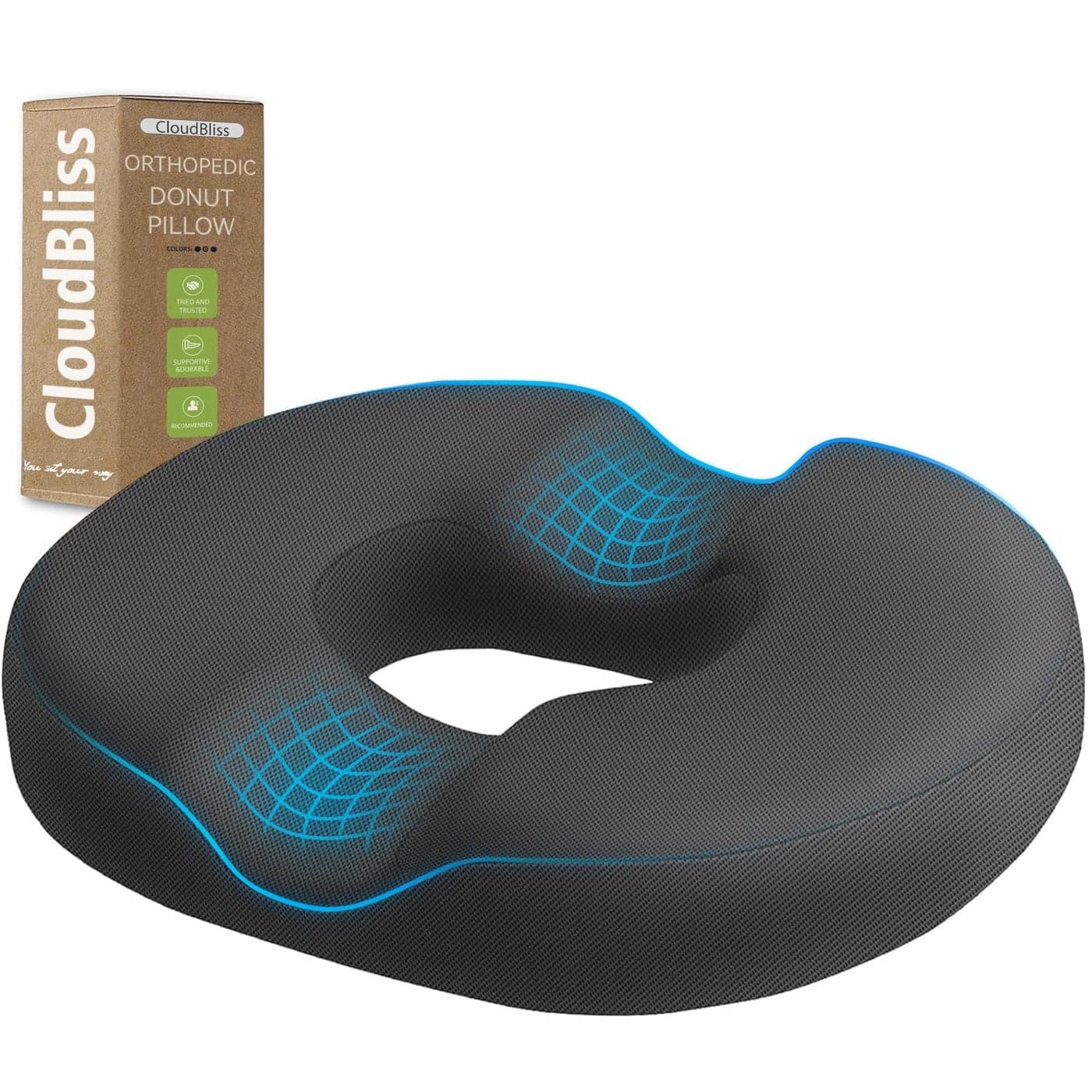 CloudBliss Donut Pillow Seat Cushion for Tailbone Pain Relief and Hemorrhoids Memory Foam Chair Cushion for Postpartum Pregnancy Seat Cushions for Men and Women for Home Office Grey