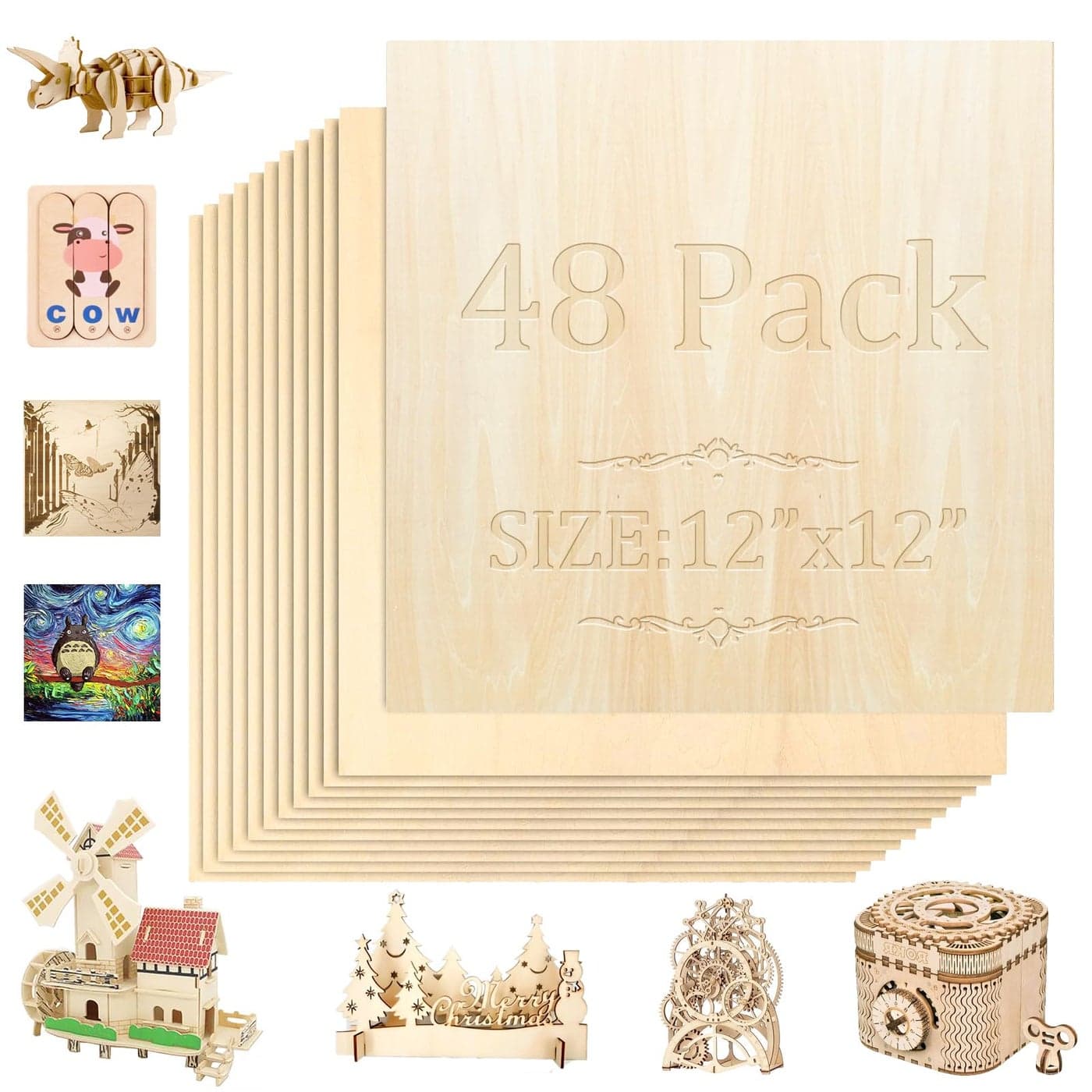 48 Pack Basswood Sheets 12x12x18 3mm Basswood for Laser Cutting Laser Engraving Blanks Craft Wood 18 Plywood for Laser Cutting for DIY Ornaments and Model Engraving Wood Burning