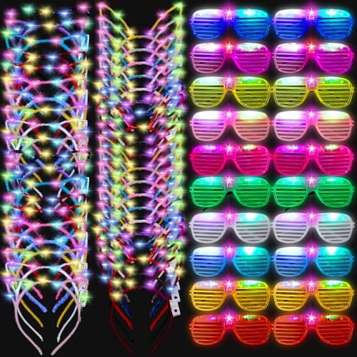 Honoson 60 Pcs Glow in the Dark Party Supplies 20 Pcs 10 Colors Light up Glasses 20 LED Cat Ear Headband 20 Rabbit Ear Headband for Adults Mardi Gras Neon Party Decoration 10 Colors