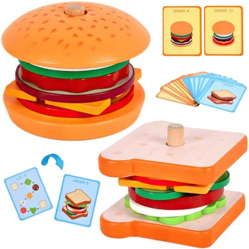 Wooden Burger Sandwich Stacking Toys for Kids Montessori Toys for Toddlers Preschoolers Develops Fine Motor Skills