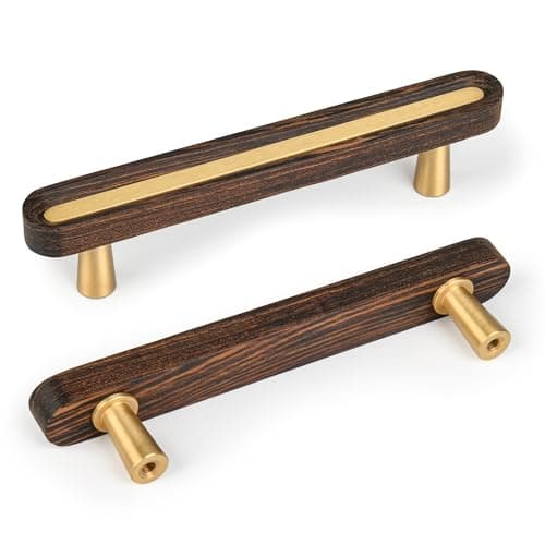 SALISENGSolid Brass and Wooden Kitchen Cabinet Pulls 5 Pack 334 Inch Brass Dresser Drawer Handles Modern Furniture Hardware Pulls for Bathroom Bedroom Living Cabinets