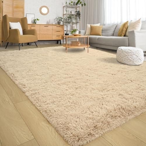 Keeko Fluffy Area Rugs for Bedroom Living Room, 4x5.3 Soft Plush Bedside Rug Modern Indoor Throw Rug Shag Fuzzy Nursery Carpet Non Slip Rugs for Kids Girls Baby Teen Dorm Room Home Decor Beige