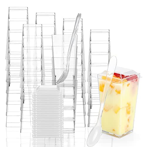 EASERCY 50 Pack 3 oz Square Mini Dessert Cups with Lids and Spoons Clear Dessert Shooter Cups with Spoons Parfait Cups with Lids Appetizer Cups for Party Small Plastic Dessert Cups for Pudding