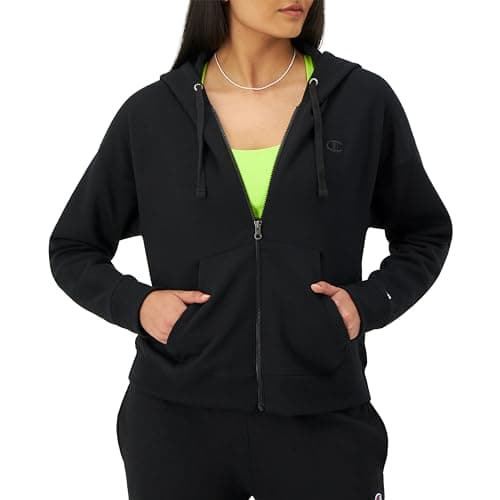 Champion Womens Full-zip Hoodie, Powerblend, Fleece Sweatshirt, For (Plus Size Available) Athletic-hoodies, Black C Logo, Small US