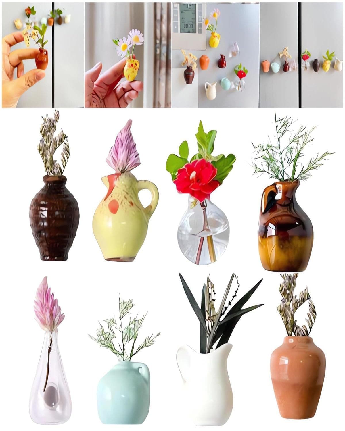 8 PCS Mini Ceramic Vase Magnets, Mini Vase Fridge Magnets, Durable Ceramic Material, 3.8 x 3 cm Decorative Fridge Magnets for Kitchen, Office, and Home Decor, Strong Magnetic Hold
