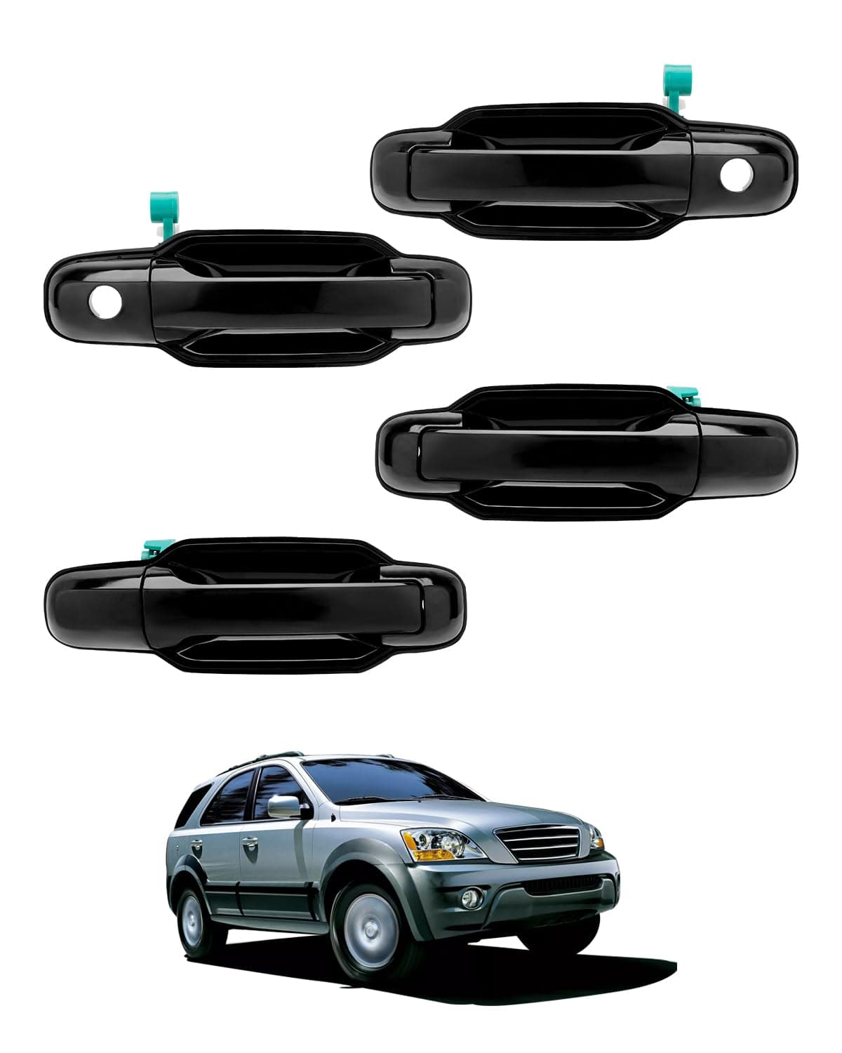 Exterior Door Handle Set (4PCS), Compatible with 2003-2009 Kia Sorento, Outside Black Front & Rear Driver & Passenger Side, OE# 826603E010, 826603E020, 826503E000, 826603E000, Outer handle w/ Keyhole