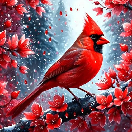 MOMDEDP Cardinal Diamond Painting Kits for Adults, Christmas Winter Red Birds Flowers 5D DIY Diamond Art Kits for Beginners Round Full Drill Diamond Painting for Home Wall Decoration Gift 12×12inch