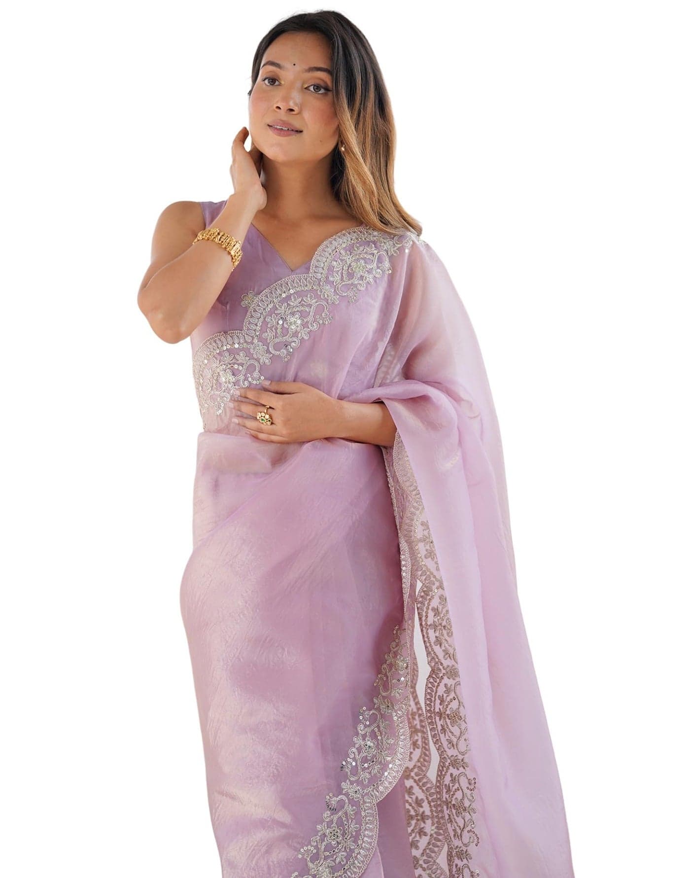 SIRIL Women's Tissue Silk Sequence Embroidery Border Saree With Unstitched Blouse Piece (4282S6776_Dusty Pink)