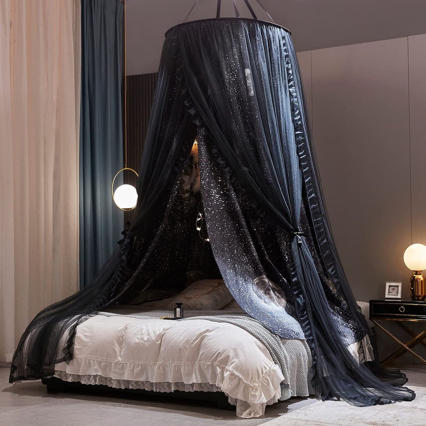 Kertnic Gorgeous Moon Printed Bed Canopy for Girls Adults Room Decorative Cozy Bed Curtain Canopy Drapes Round Dome Luxurious Lace Princess Canopies Mosquito Netting Print Moon