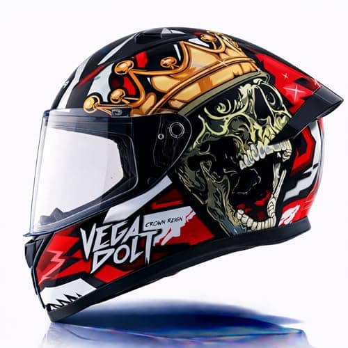 Vega Bolt Crown Men ISI Certified Full Face Motorcycle Helmet with Impact Resistant ABS Shell High Density EPS Liner Scratch Resistant Visor Quick Release Buckle Comfortable Inner Padding Black Red Helmet-L