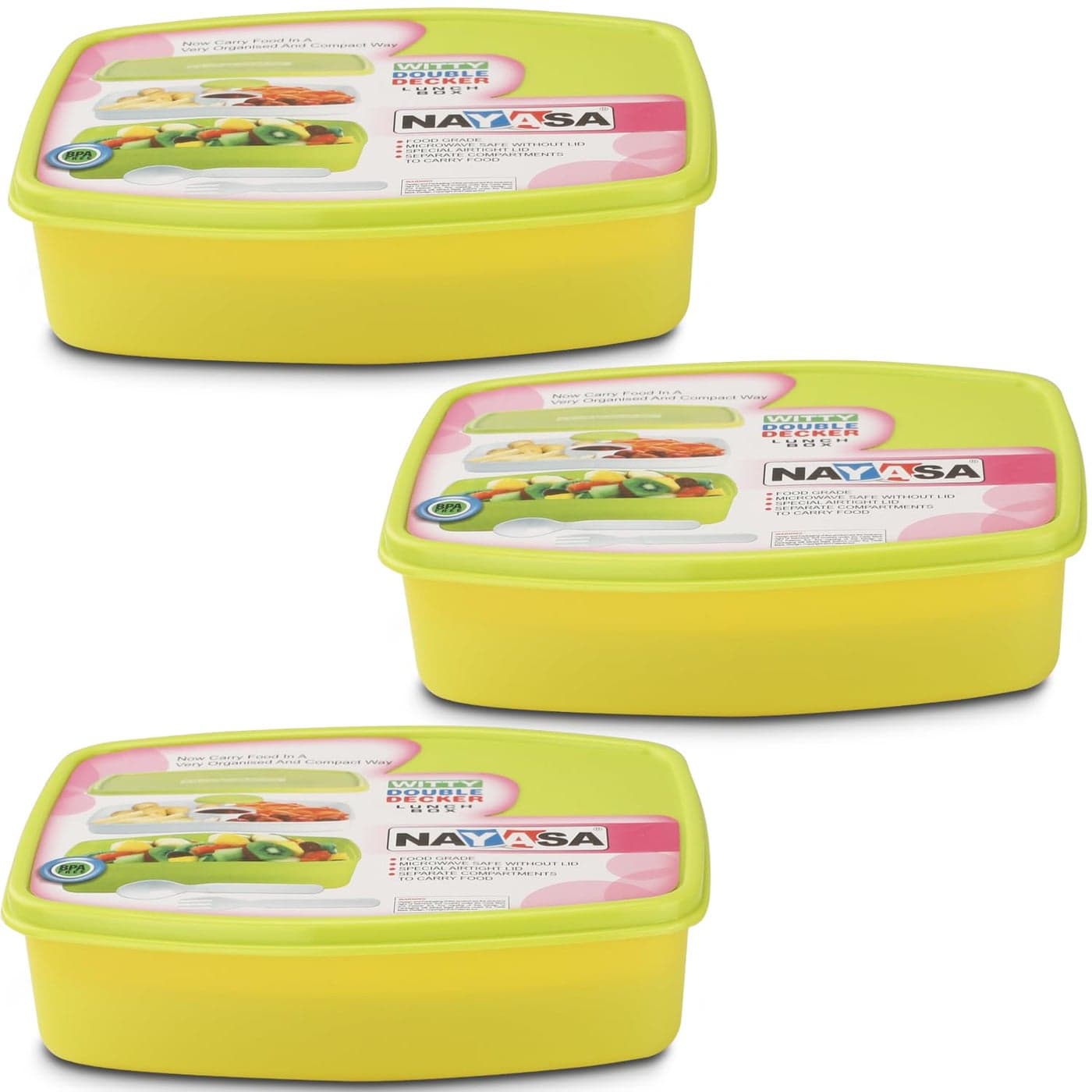 Nayasa Witty Double Decker Regular Plastic Lunch Box - Pack of 3 | 1 Inbuilt Container, 1 Spoon & 1 Fork | Airtight & Leakproof Lid | Lightweight & Easy to Carry | Ideal for School | Durable | Green
