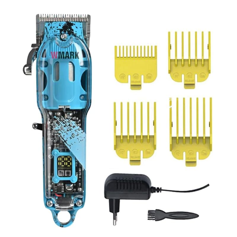 WMARK NG-408 Professional Hair Clipper with Sharp (9CR18) Stainless Steel Blade, Powerful 6500 RPM Motor, 2600mAh Battery, Adjustable Settings, charging adapter LED display runtime 240 mins, Model 7