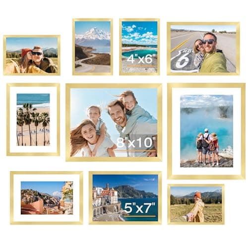 FIXSMITH 10 Pack Picture Frames Collage Wall Decor for Mounting or Tabletop Display, Gallery Wall Frame Set with Two 8x10 Gold Frames, Four 5x7 and Four 4x6 Frames, Multi-Pack Photo Frame Set