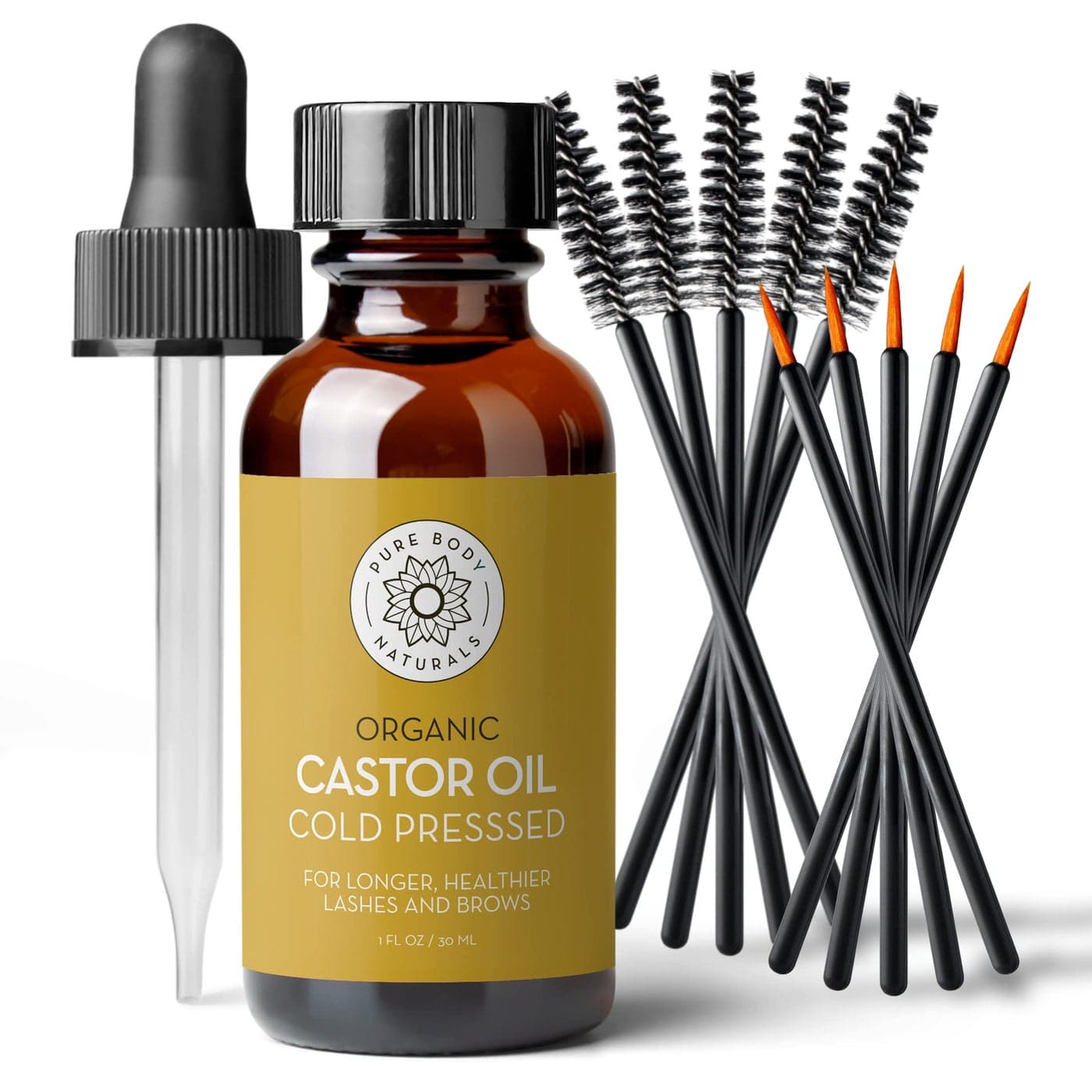 Pure Body Naturals Castor Oil for Eyelashes and Eyebrows Brow and Lash Growth Serum Organic Hexane Free Cold Pressed Unrefined 1 fl oz