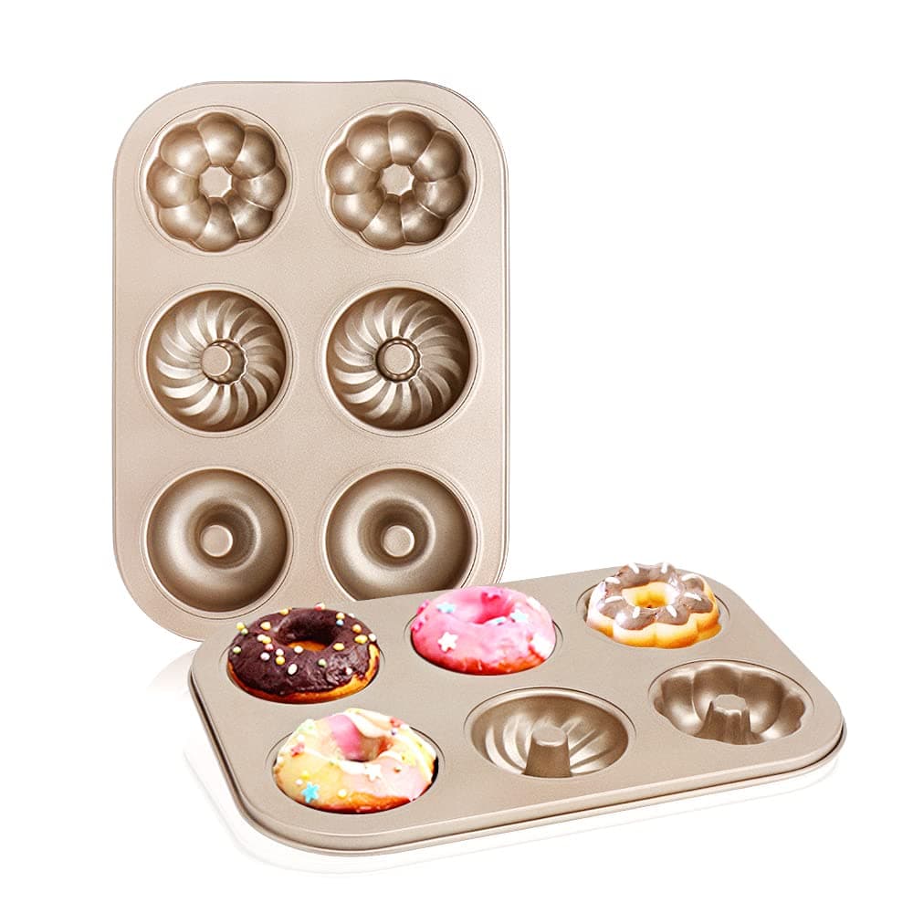 Beasea Donut Molds for Baking 6Cavity 2 Count Mini Small Doughnut Baking Pan Nonstick Bagel Carbon Steel Tray Bagels Mold for Oven