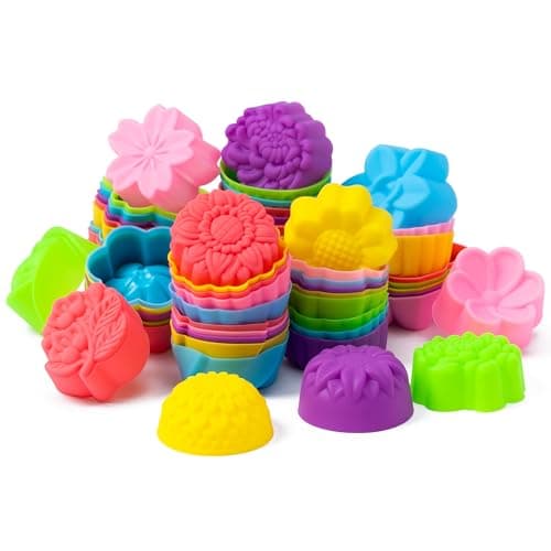 R HORSE Mini Silicone Cupcake Molds - 60Pcs 2 Inch Muti-color Flower Shaped Baking Cups, Reusable Non-Stick Cupcake Wrappers Muffin Baking Cups for Dessert Pudding Donut Oven Microwave Dishwasher Safe