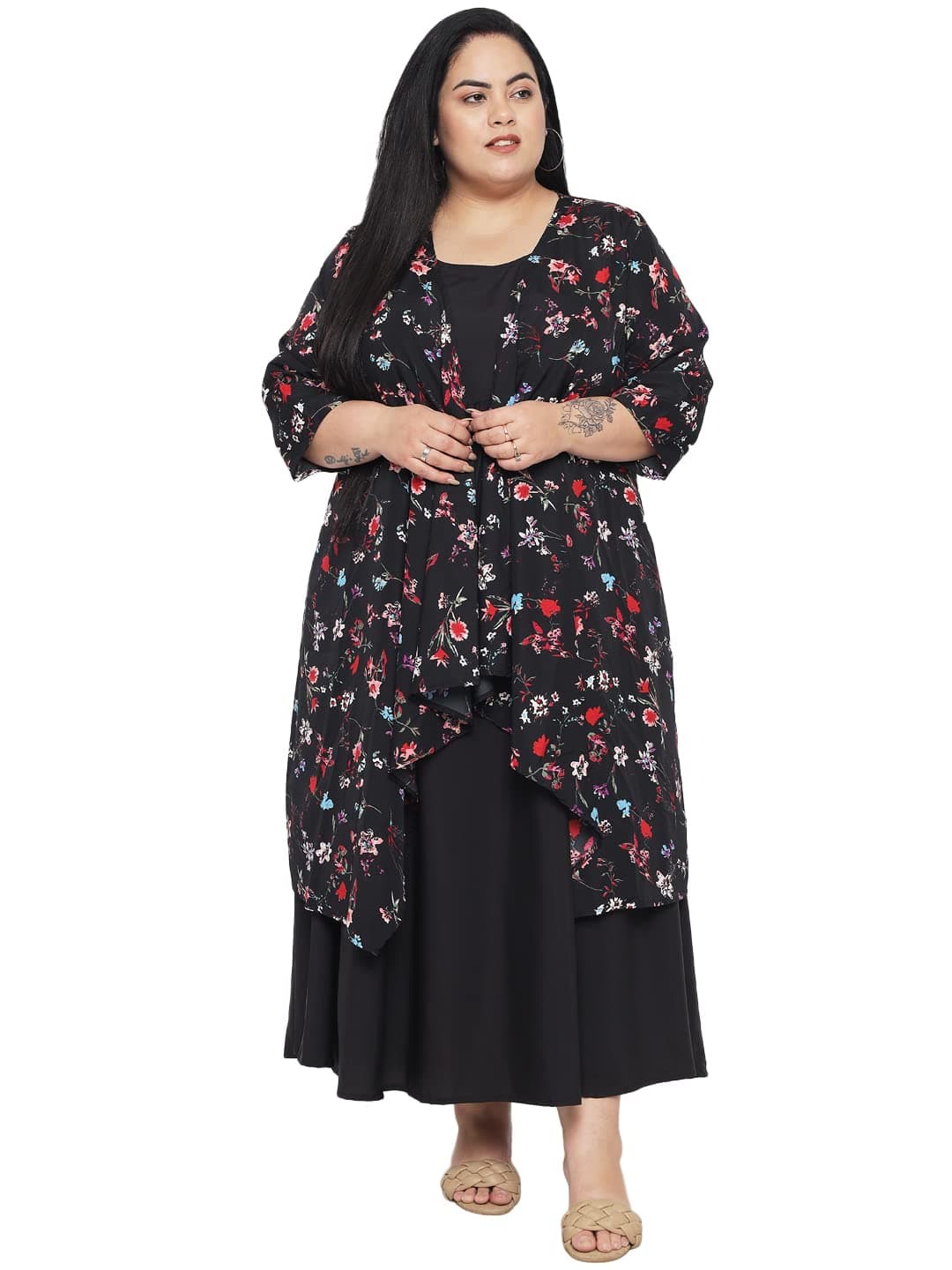 Indietoga Women's Black Solid Maxi Dress with Floral Printed Shrug (Plus Size 9XL)