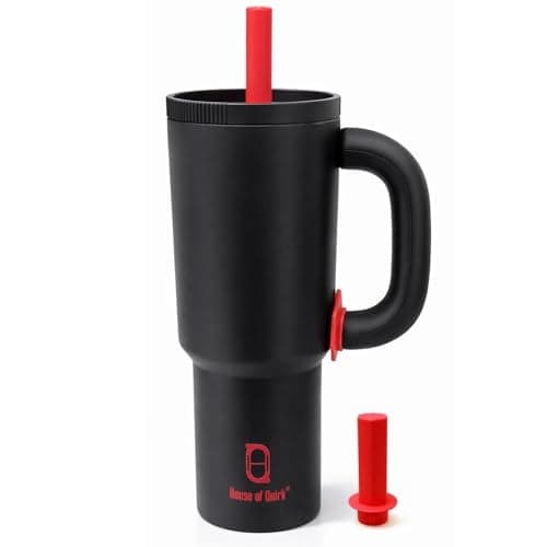 House of Quirk 1200ml Stainless Steel Tumbler with Handle, Straw & Straw Cap | Leakproof Water Bottle | Large Capacity Travel Mug (Black)