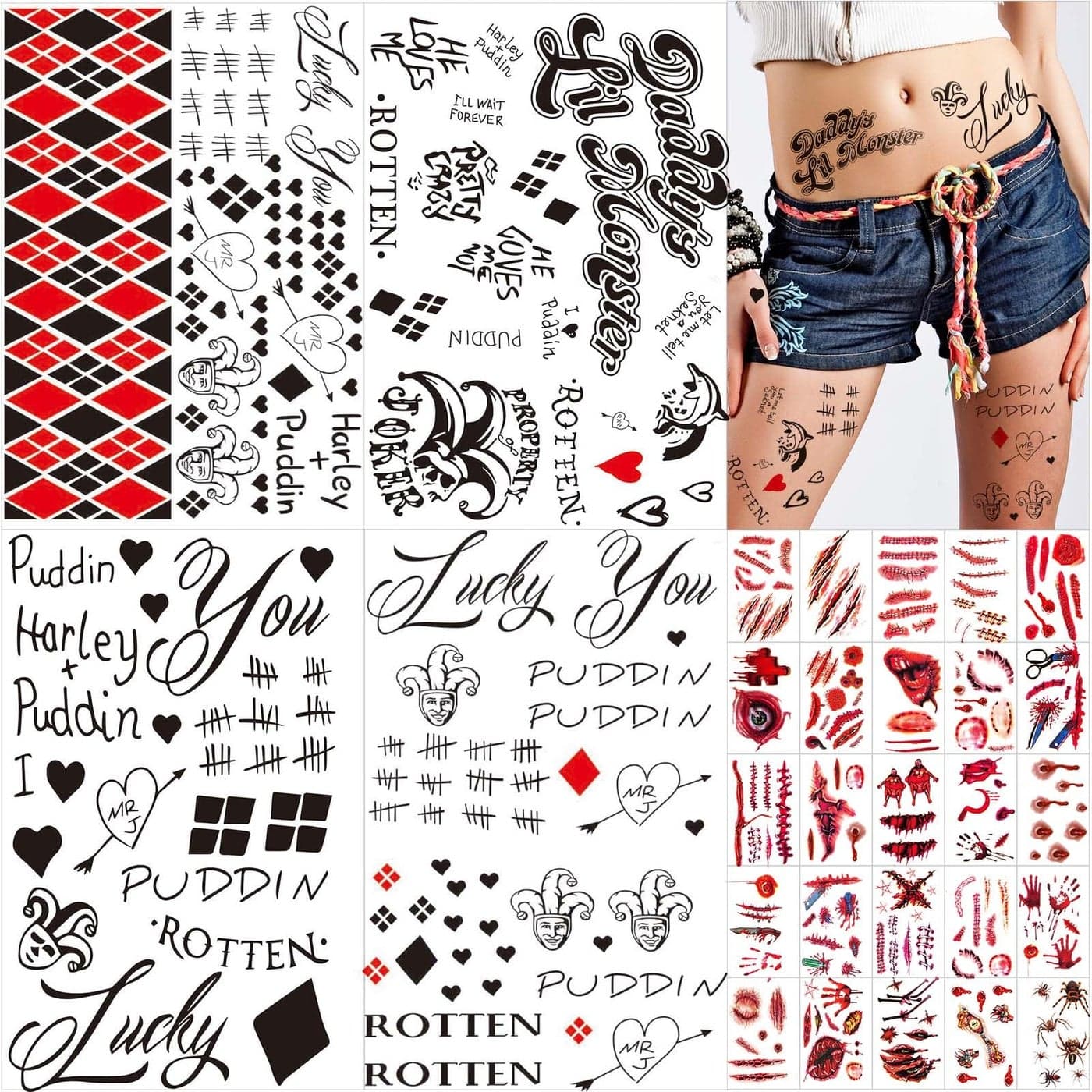 Zeecdatoo 34 Sheets Halloween Temporary Tattoos for Joker Suicide Squad Halloween Tattoos for Harley Quinn Halloween Cosplay Costumes and Party Accessories Halloween Zombie Fake Scars Tattoos