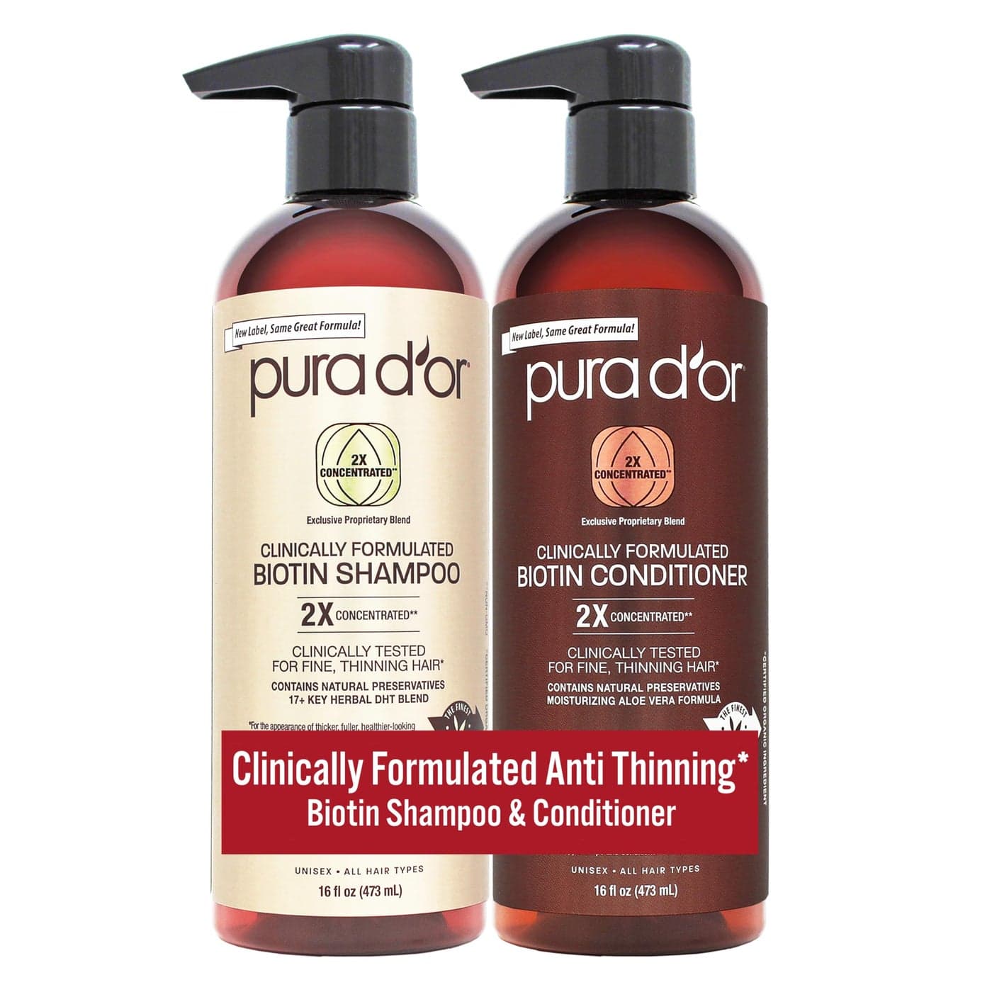 PURA DOR Professional Grade Clinically Formulated Biotin Shampoo Conditioner For Hair Thinning 2X Concentrated Proprietary Herbal Blend Thickening Products For Women Men Sulfate Free 16oz x2