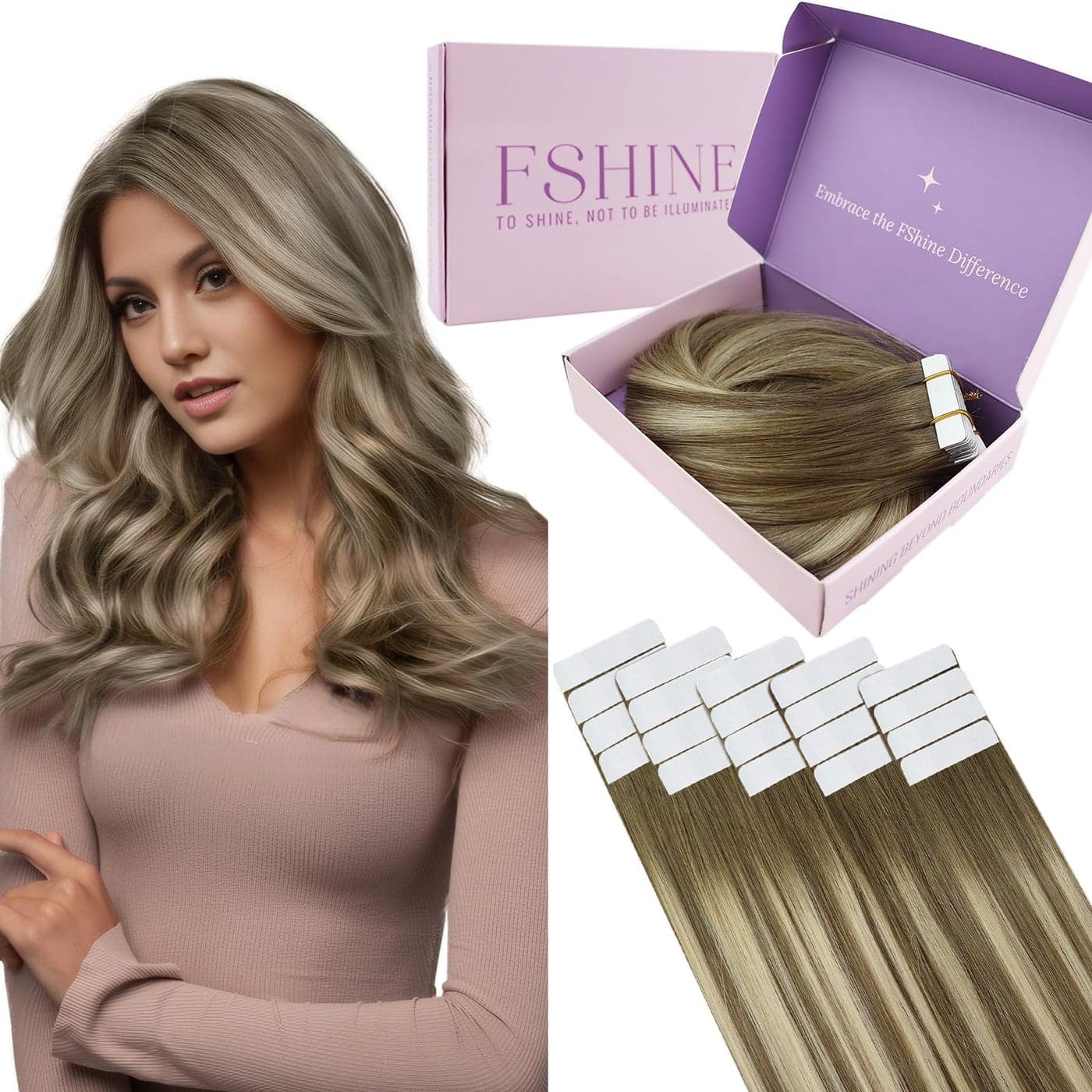 Fshine Tape in Hair Extensions Human Hair 20 Inch Chestnut Brown to Platinum Blonde Balayage Human Hair Tape in Extensions 20pcs 50g Straight Remy Hair Invisible Tape in Hair Extensions