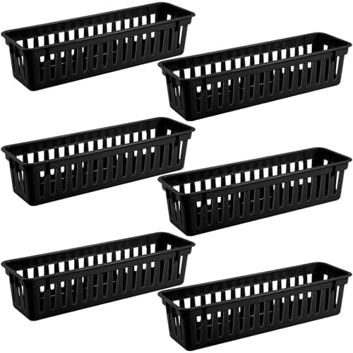wlilupah 6 Pcs Black Slim Plastic Storage Baskets Tray 10 x 3 x 25 Inch Compact Stackable Desk Organizer for Office Classroom School Supplies and Home Storage OrganizationBlack