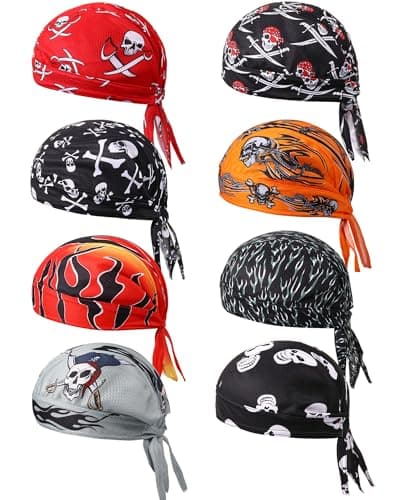 Foaincore 8 Pack Do Rag Skull Caps for Men Sweat Wicking Doo Rags Cooling Helmet Liner Cycling Motorcycle Bandana Retro ColorSkull Style