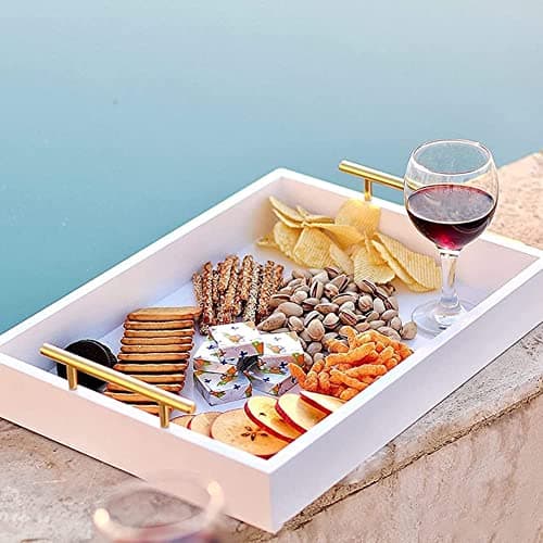 DDS Dream Decor Shoppee Rectangular Shape Serving Tray,Tray For Coffee Table With Polished Metal Handles, Living Room Bed Room Coffee Bar Organizer Modern Decorative Tray (White)