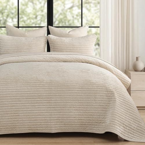 PHF Luxury Velvet Quilt Set King Size – 3PCS Ultra Soft Quilted Comforter Alternative with Striped Channel, Cozy Quilted Bedspread, 1 Coverlet with 2 Matching Shams, 108" x 92", Sand