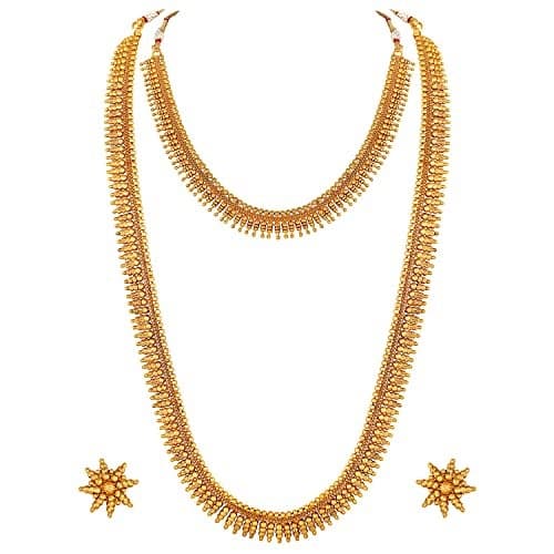 Aheli Bollywood Traditional Gold Tone Long and Short Necklace Earrings Jewelry Set Combo Gift for Women Wedding Party Ethnic Fashion Wear