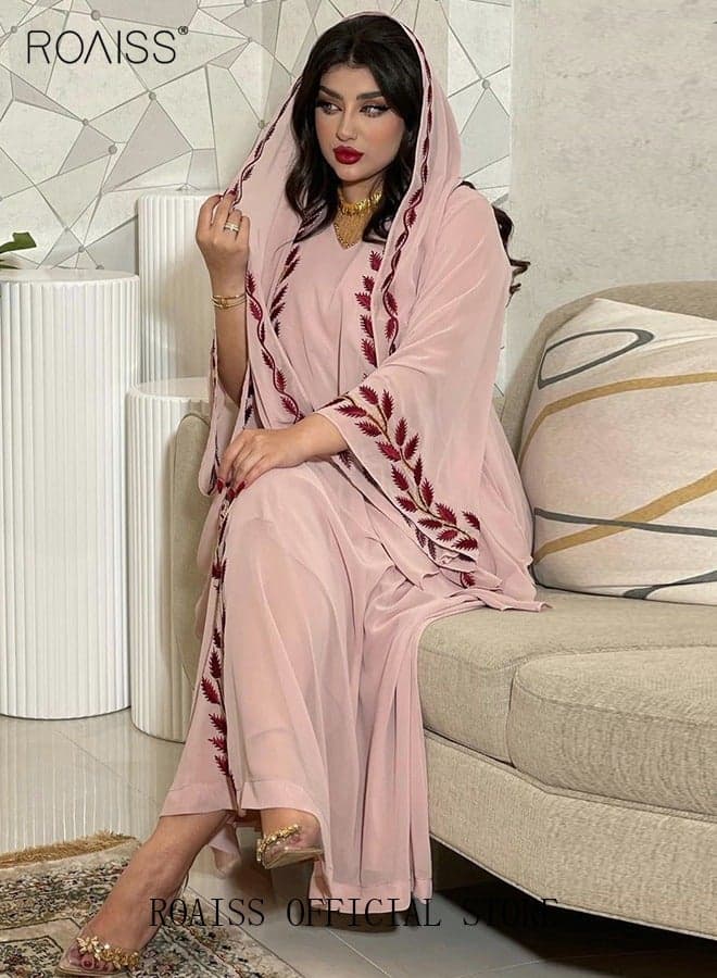 Women Muslim Dresses Middle East Fashion Street Summer Chiffon Muslim Embroidery Pink V Neck Dress with Hijab Eid Ramadan Islamic Prayer Dress Robe
