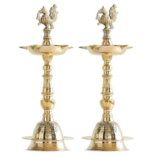 INDIAN ART VILLA Brass Standing Pillar Diya with Dana Kashi Murga Design, Festive Oil Big Lamp for Puja, Diwali, Home Décor, Temple, and Design Brass Diya, Height - 16 inch, Pack of 2