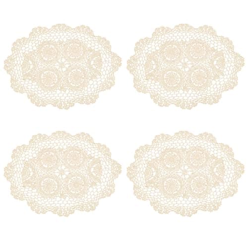 kilofly Crochet Cotton Lace Placemats Doilies 4pc, Oval, Beige, 11.8 x 17.7 inch
