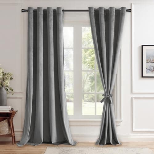 JIUZHEN Grey Velvet Curtains 96 inches for Living Room - Thermal Insualted Room Darkening Grommet Thick Velvet Window Drapes for Bedroom/Dining, Set of 2 with Tiebacks, W52 x L96