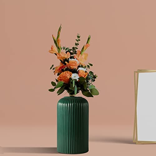 Lasaki Evelyn Small Deep Jungle_1 Ceramic Vase | Decorative Vase for Pampas Grass, Dried & Artificial Flowers | Centrepiece & Showpiece for Home Decor, Living Room & Tabletop (H-15.5 X D-8 cm)