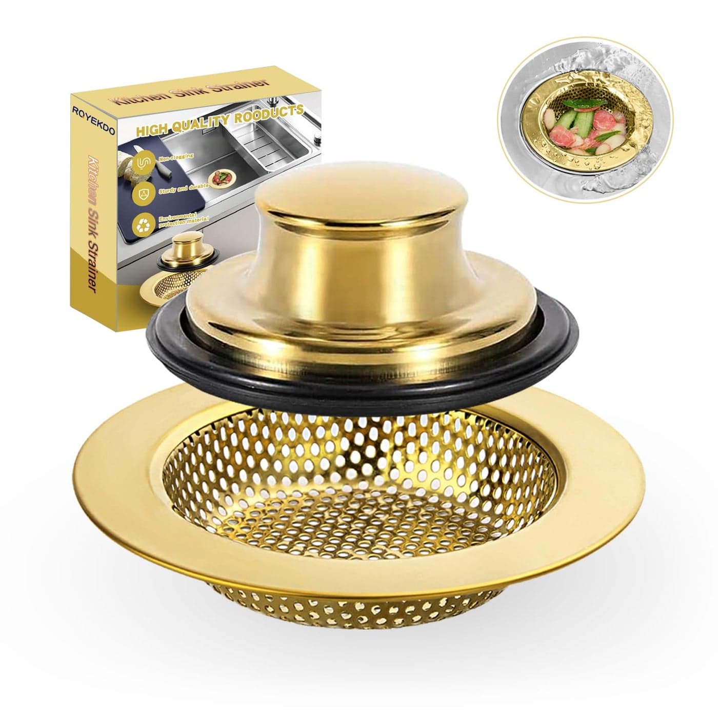 RQYEKDO Kitchen Sink Strainers Sink Stopper Kits Stainless Steel Sink Drain Strainer Set Large Wide Rim 44 Diameter Food Catcher Garbage Disposal Plug for Most Sink Drains Basket Filter Gold